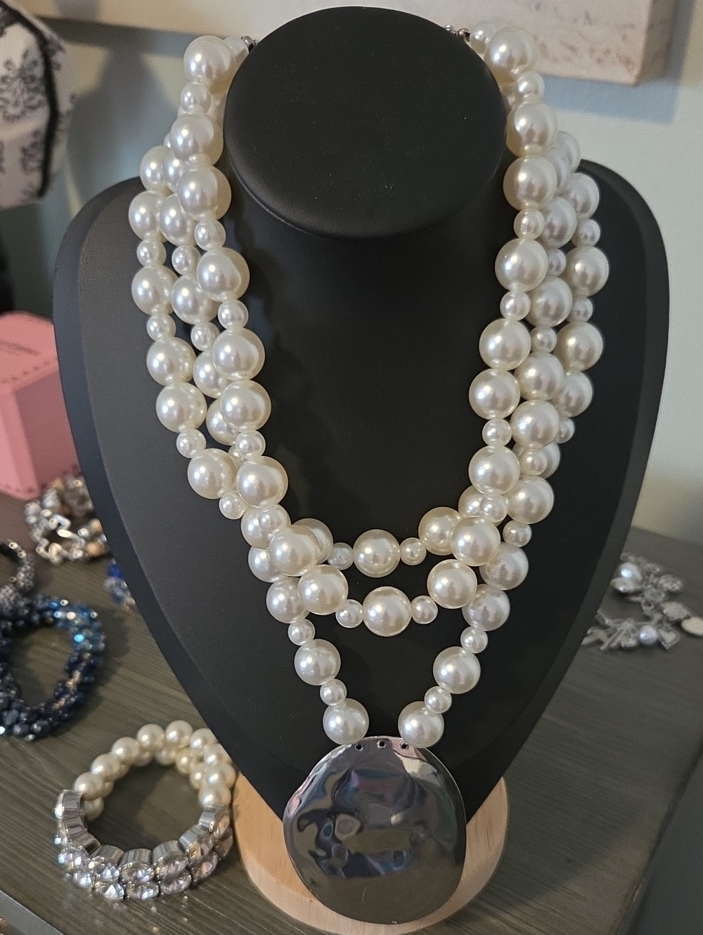 Layered White Faux Pearl Statement Necklace with Polished Silver Plated Pendant